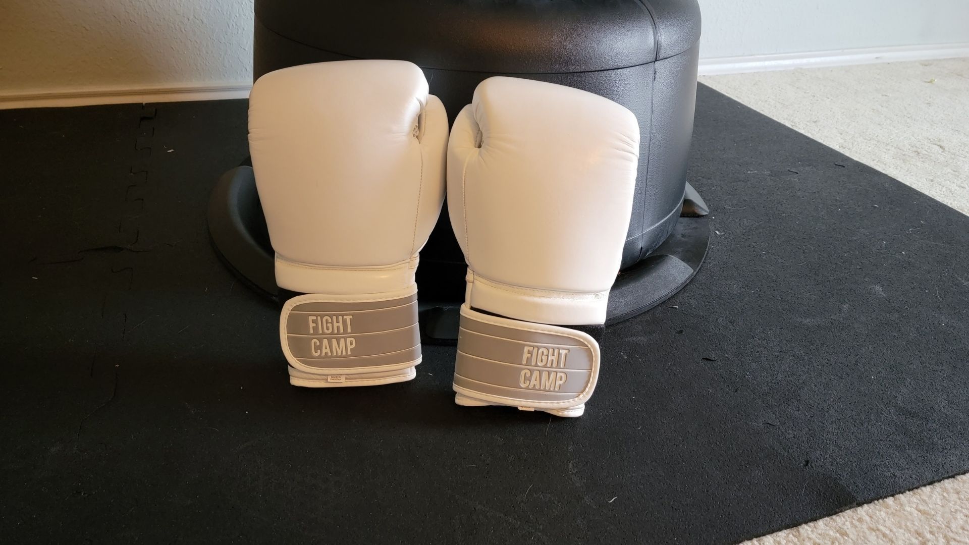 closeup of the fightcamp gloves standing propped up in front of the punching bag base