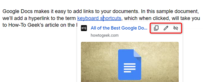 Hyperlink modification options in Google Docs.