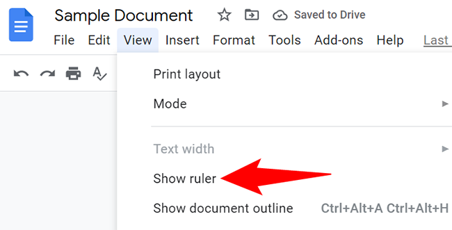 Select View > Show Ruler in Google Docs.
