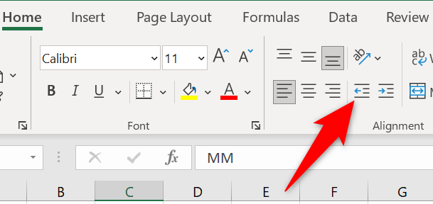 Click "Decrease Indent" on the "Home" tab.