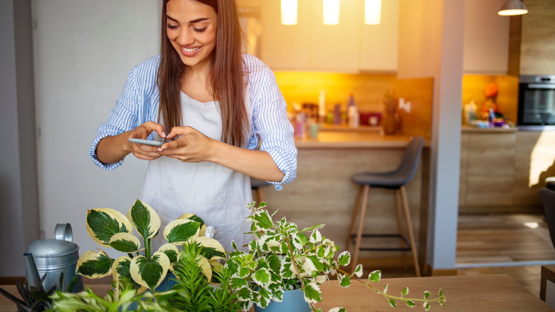 Happy Woman Taking Pictures of Green Plants and Flowers With a Smartphone. Woman Taking Pictures of Green Plants. Woman Caring for House Plant.