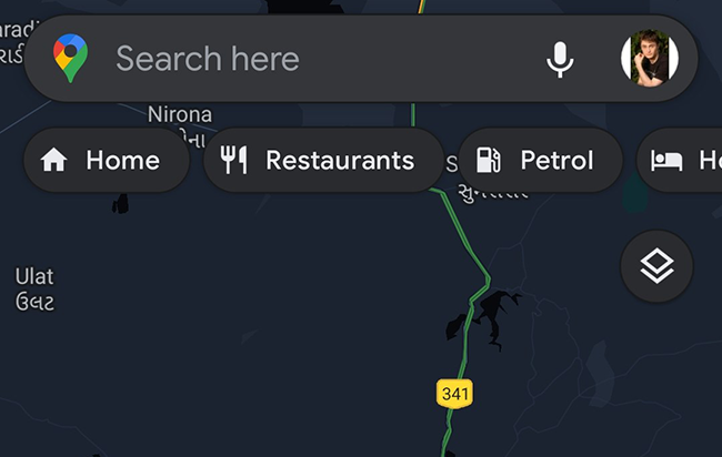 Google Maps in dark mode on Android.