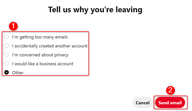 Select a reason for account cancellation on the "Tell Us Why You're Leaving" window.