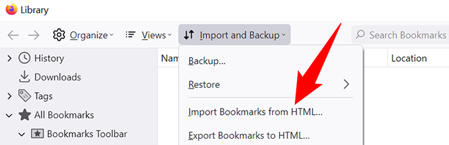 Click Import and Backup > Import Bookmarks from HTML