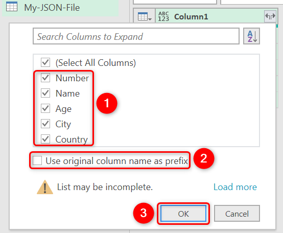 Select the columns to keep and click "OK."