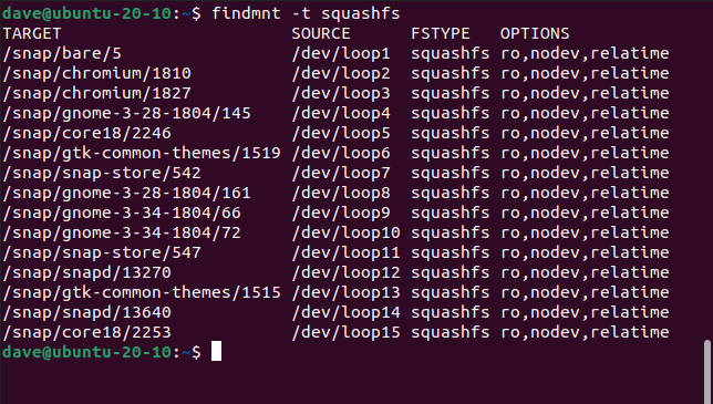 Inspecting squashfs file system mount points with findmnt
