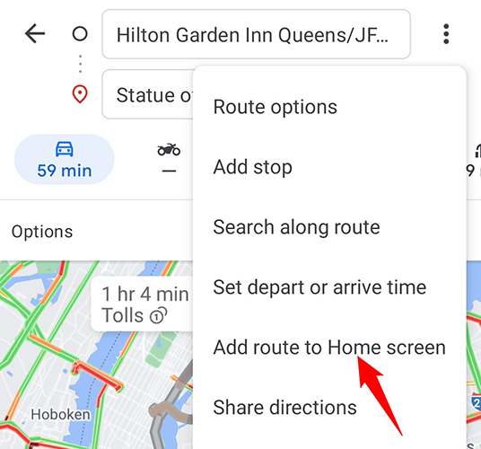 Select "Add Route to Home Screen" from the three-dots menu.