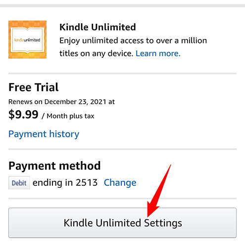 Tap the "Kindle Unlimited Settings" button.