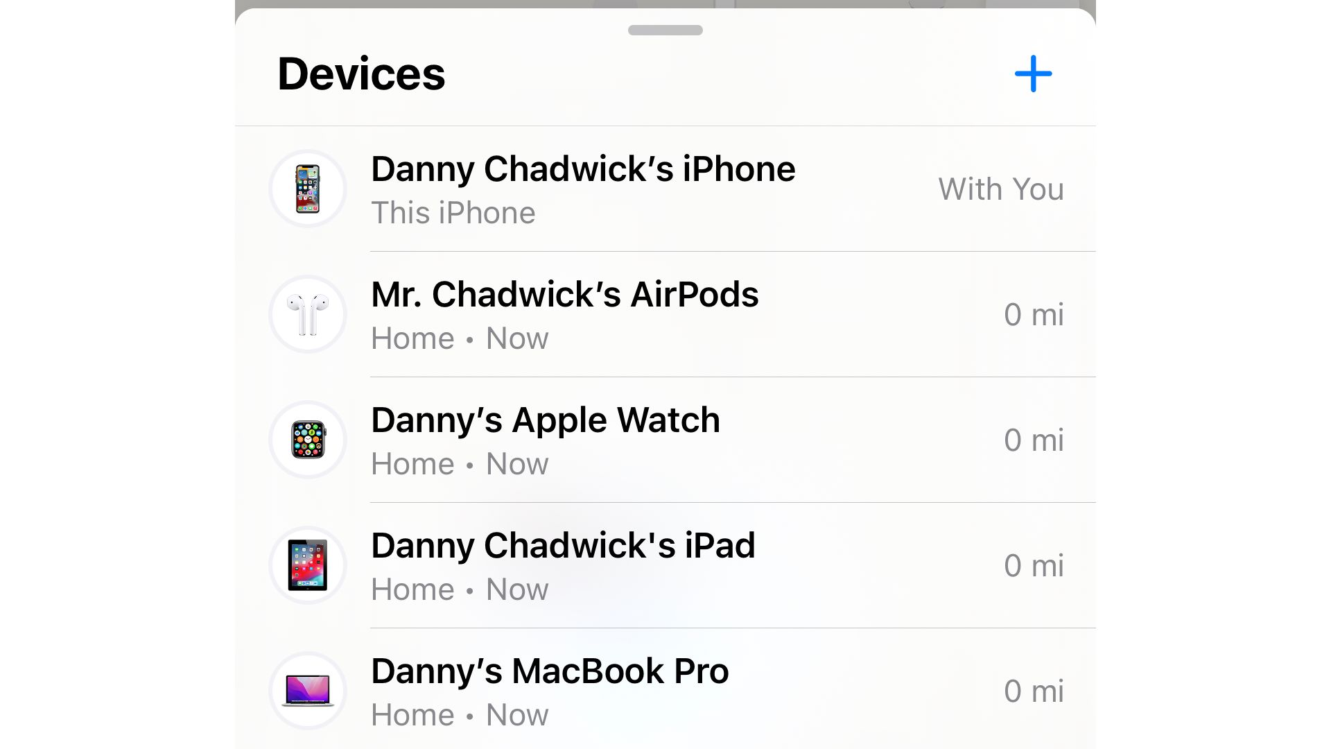 A list of personal Apple devices in the Find My iPhone app. 