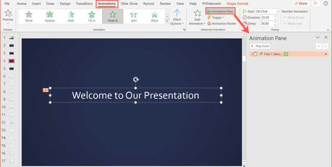 Click Animation Pane in the ribbon