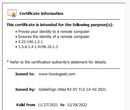 Certificate information.