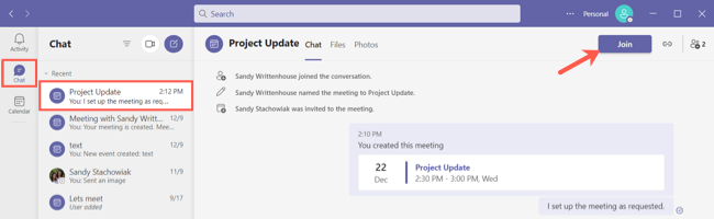 Teams meeting in Chat on desktop