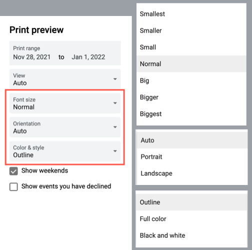 Print settings for Font, Orientation, and Color