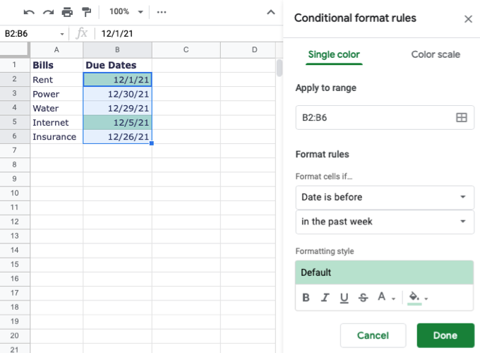 Conditional formatting applied in Google Sheets