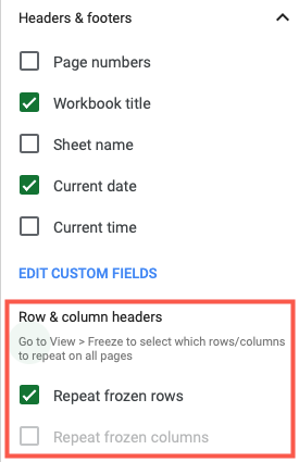 Repeat frozen rows or columns