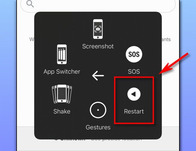 The iPhone AssistiveTouch "Restart" button.