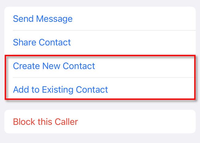 Tap "Create New Contact" or "Add to Existing Contact."