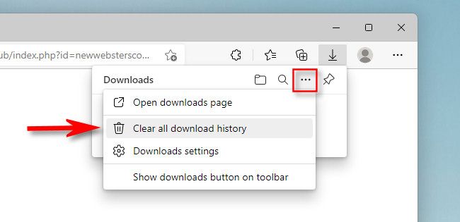 In Edge, click the three dots button in the Downloads list, then select "Clear all download history."