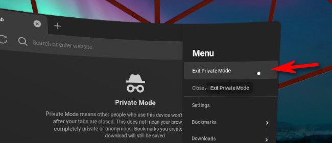 In the Oculus Browser, click "Exit Private Mode."