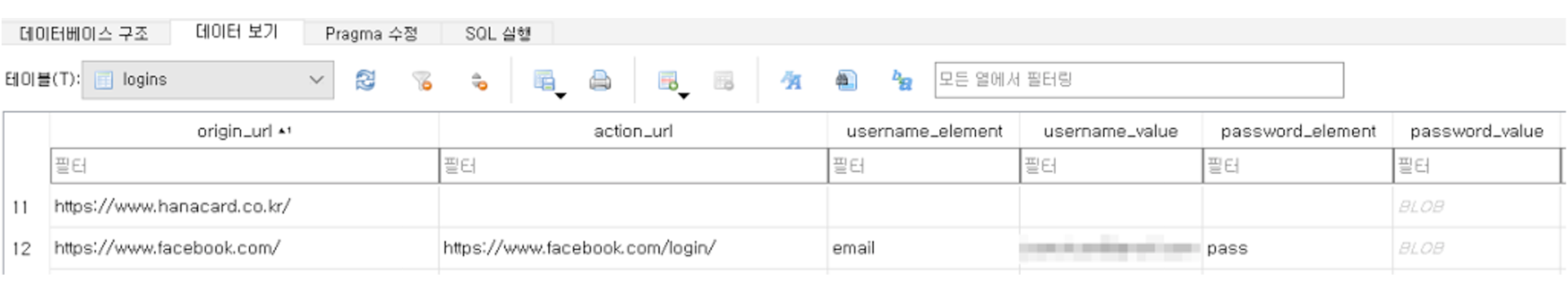 An example of login credentials stored in a browser's login table.