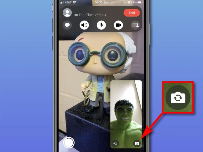 To switch cameras in FaceTime, tap the camera flip icon in your thumbnail preview.