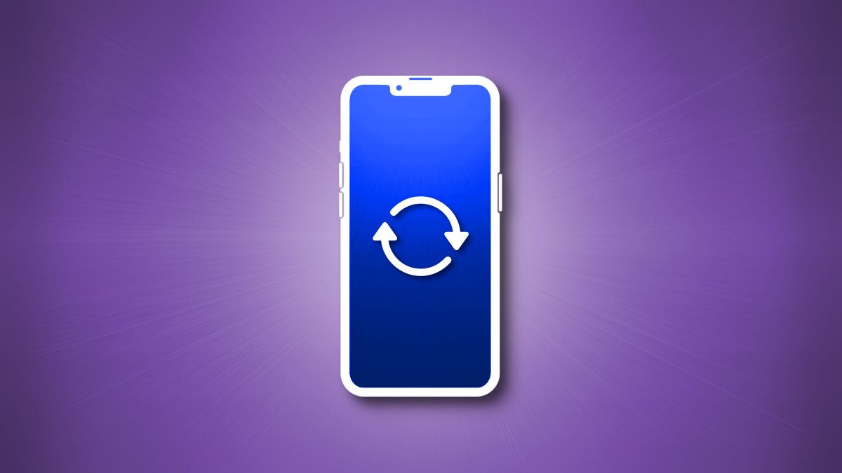 An iPhone 13 outline with circular arrows in the center on a purple background