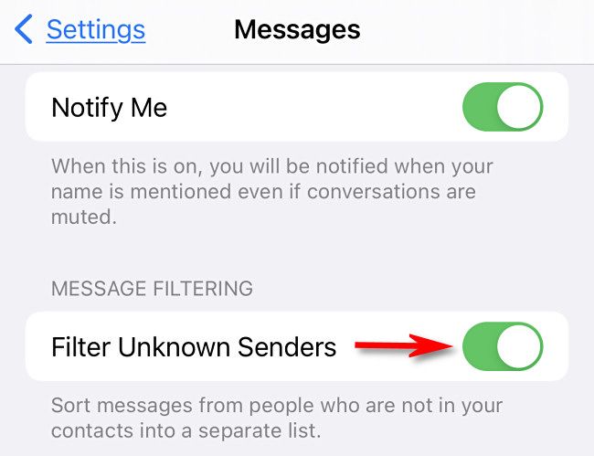 In Messages settings, flip the switch beside "Filter Unknown Senders" on.