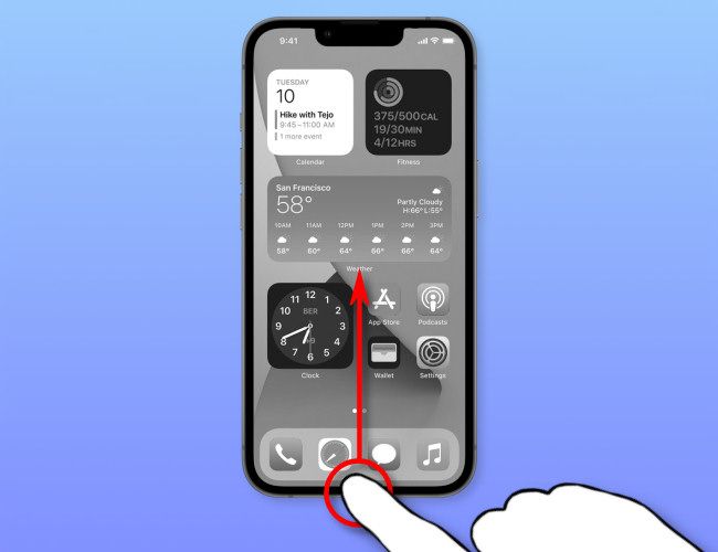 To launch the app switcher, swipe upward from the bottom edge of the screen and stop in the middle, then lift your finger.