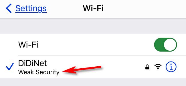iPhone Settings Wi-Fi screen showing "Weak Security"