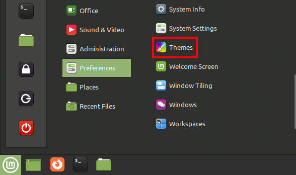 Open "Themes" from the application menu in Linux Mint 20.3