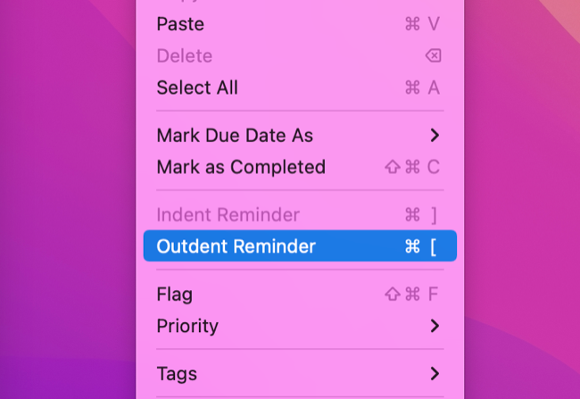 macOS Reminders Indent/Outdent controls