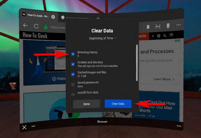 In Oculus Browser, check "Browsing History" and select "Clear Data."