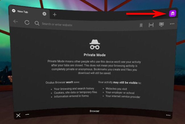 While private browsing in Oculus Browser, you'll see a pink/purple icon in the upper-right corner of the window.
