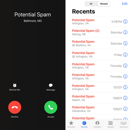 Potential Spam call screen.