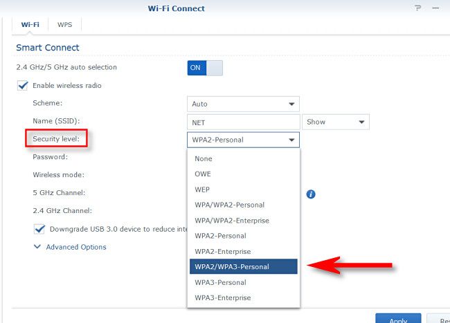 In your router's Wi-Fi security level settings, choose WPA2/WPA3 or WPA3 Personal.