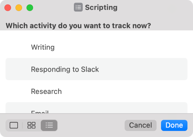 macOS Shortcuts time tracking workflow