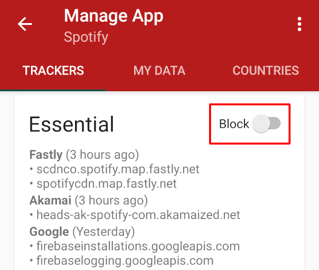 Disable essential trackers for an app