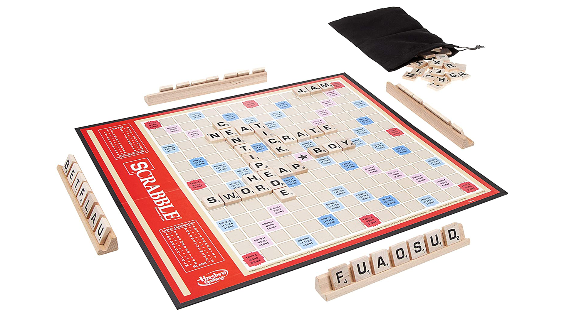 Scrabble board game with word tiles on display