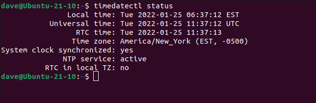The output from the tidedatectl command using the status operator