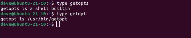 using the type command to see the difference between getop and getops