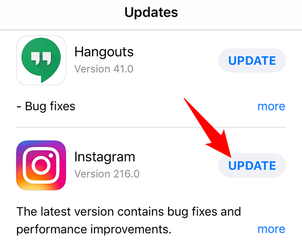 Tap "Update" next to Instagram.