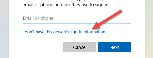 Click "I don't have this person's sign-in information."