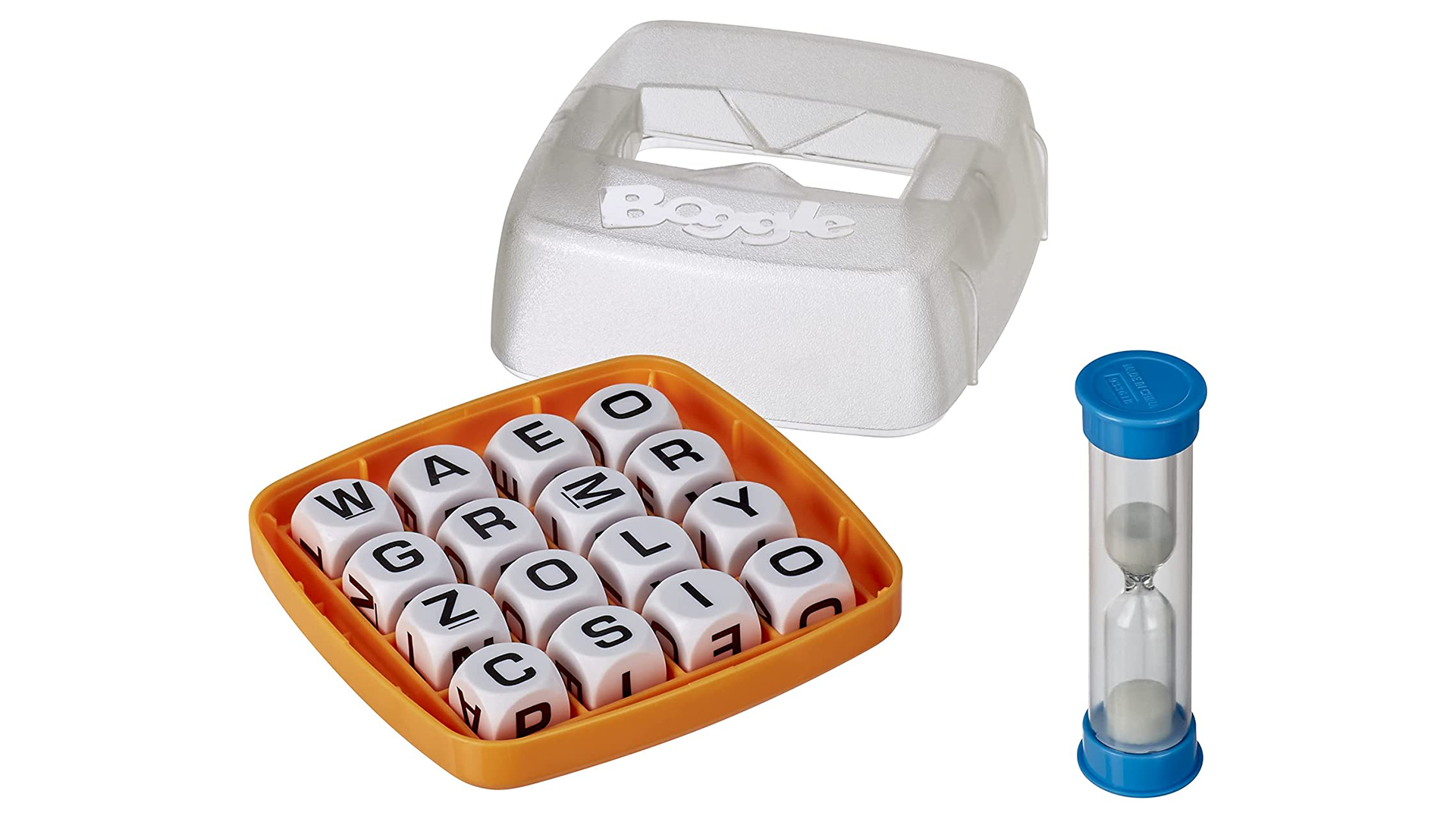 Boggle word cubes in the tray with the sand timer running