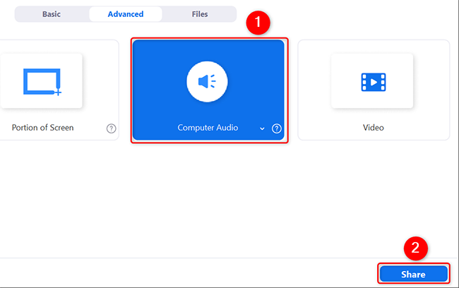 Select "Computer Audio" followed by "Share."