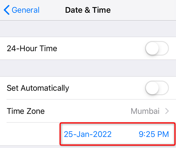 Manually set the date and time on iPhone.