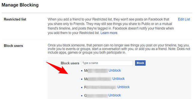 Blocked people on Facebook on desktop.