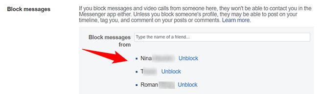 Blocked messages people on Facebook on desktop.