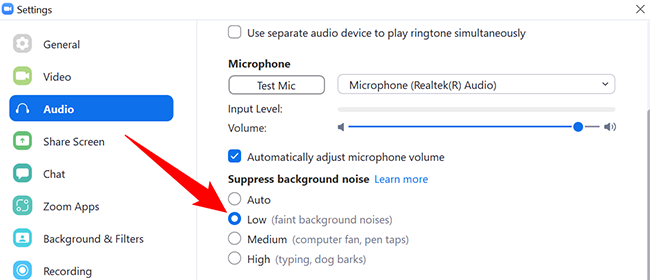 Enable "Low" in the "Suppress Background Noise" section.