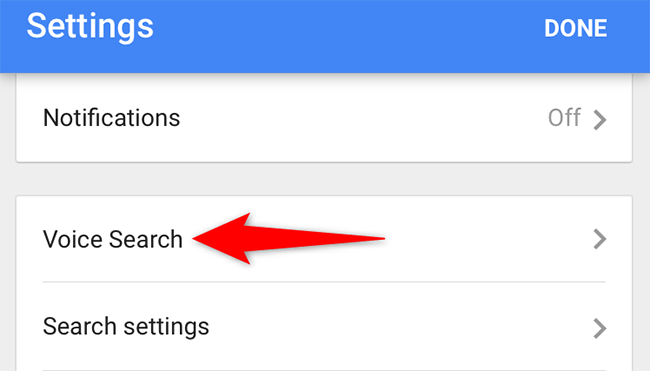 Select "Voice Search" on the "Settings" page.