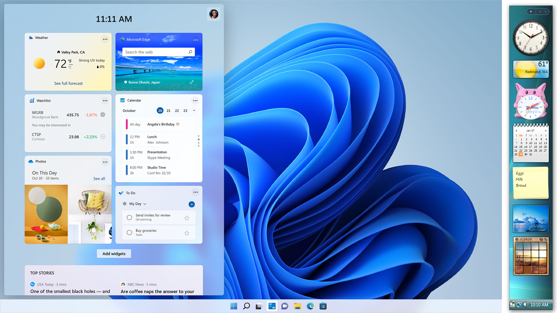 Windows 11 edited with Vista desktop &quot;Gadgets.&quot;